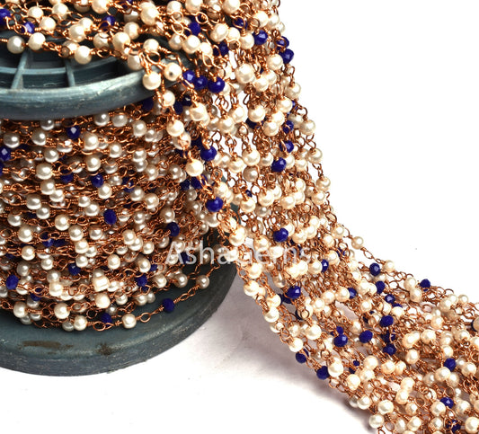 Beautiful Pearl Blue Lapis Hydro Rondelle Beads Rosary Chain Rose Gold Plated Copper Wire Wrap Beaded Rosary Chain For Jewelry making Crafts