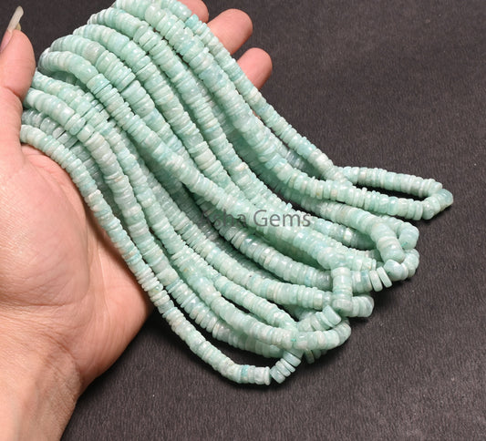 Beautiful Amazonite Smooth Heishi Tyre shape beads, Natural Blue Amazonite Flat Wheel Handmade Gemstone Amazonite Center Drill beads Jewelry