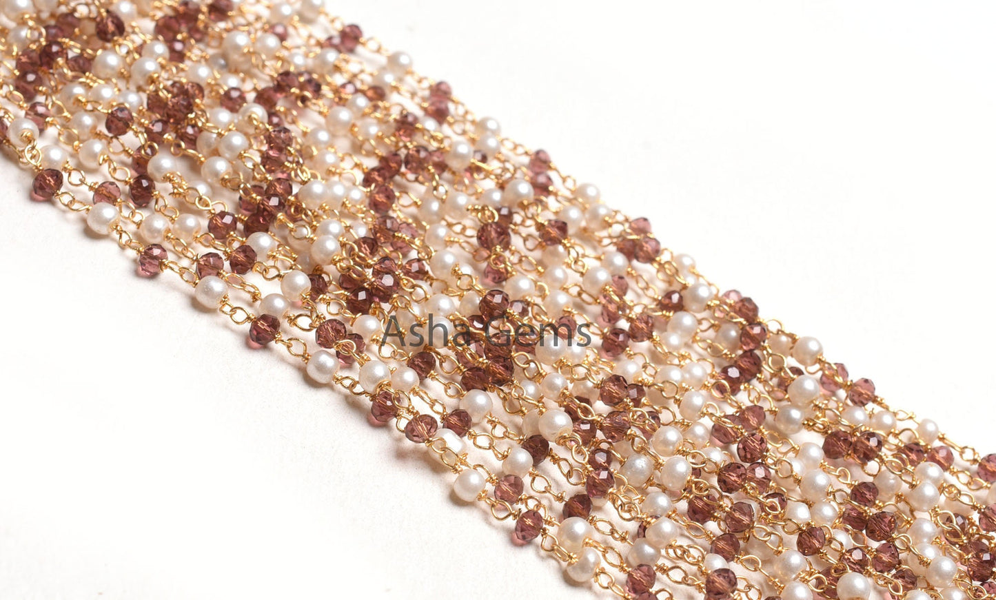 Rosary Chain by Foot Pearl Garnet Hydro Faceted Beads Chain Gold Plated Wire Bulk Roll Jewelry Making Rondelle Beaded Rosary Chain Craft DIY