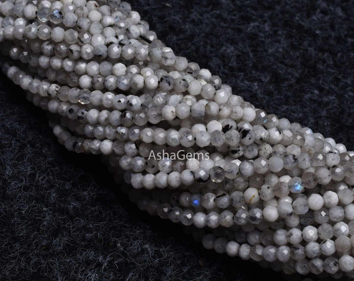 3 mm Rare Moss rainbow Moonstone Faceted Rondelle Beads, Natural Black Dot White Rainbow Machine Cut Gemstone Beads, Blue Fire Rainbow Beads