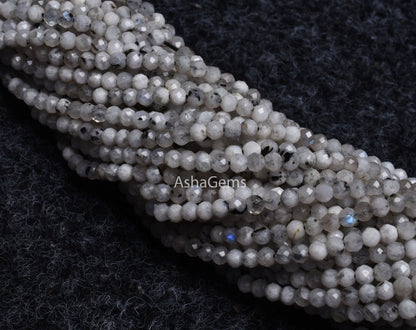 3 mm Rare Moss rainbow Moonstone Faceted Rondelle Beads, Natural Black Dot White Rainbow Machine Cut Gemstone Beads, Blue Fire Rainbow Beads