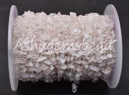 3,5,10 Feet Natural Rose Quartz Uncut Uncut Rosary Chain, Pink rose Quartz Smooth Beads Chain, Silver Plated Chain, Finding, Wholesale Chain