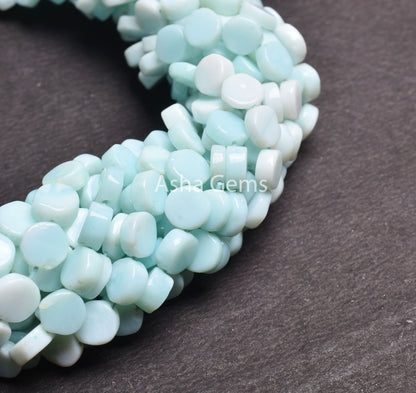 13" Strand Peru Opal Smooth Coin Shape Gemstone Beads, Opal Plain coin Handmade Straight Drill Bead, Sky Blue Opal Beads Jewelry Making SALE