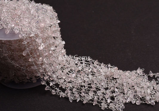 3,5,10 Feet Natural Rose Quartz Uncut Uncut Rosary Chain, Pink rose Quartz Smooth Beads Chain, Silver Plated Chain, Finding, Wholesale Chain