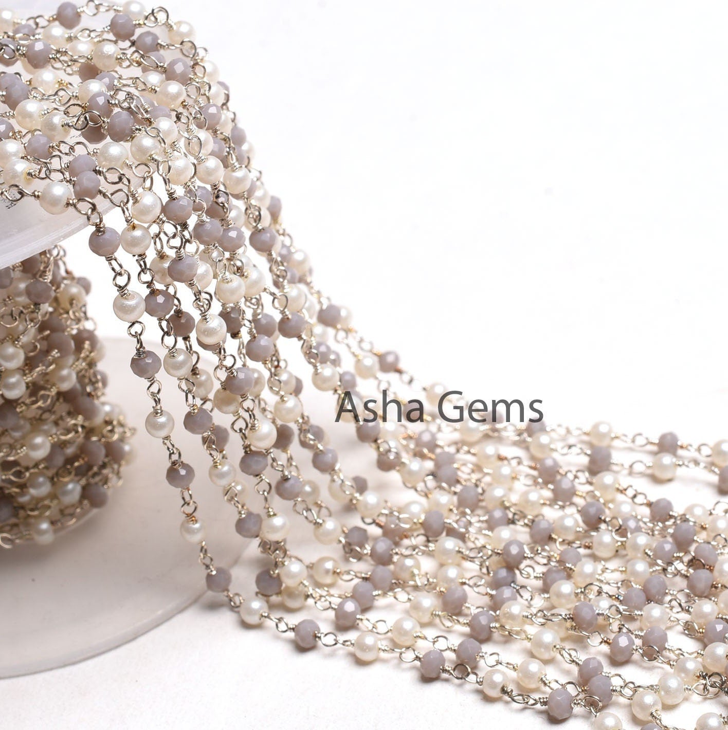 Pearl Grey Moonstone Hydro Beads Rosary Chain 3mm Faceted Rondelle Beads Silver Plated Wire Wrapped Chains Jewelry Making Finding Chain SALE