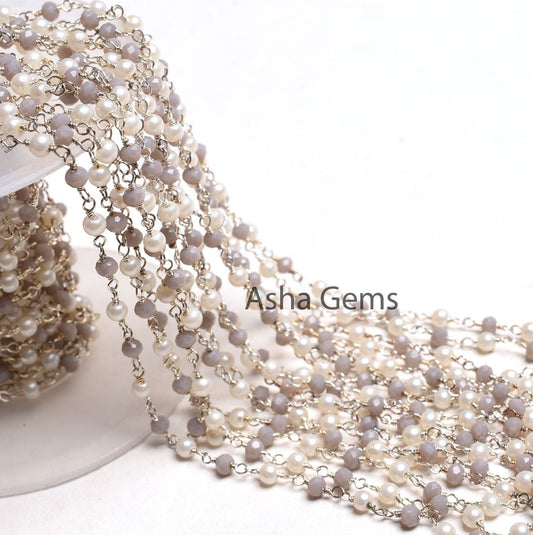 Pearl Grey Moonstone Hydro Beads Rosary Chain 3mm Faceted Rondelle Beads Silver Plated Wire Wrapped Chains Jewelry Making Finding Chain SALE
