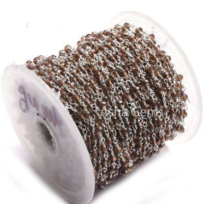 Smoky Quartz Hydro Beads Rosary Chain,3,5,10 Foot,  Rosary Beaded Chain, Silver Plated Metal,Bulk Roll,Jewelry Making,Finding Chain