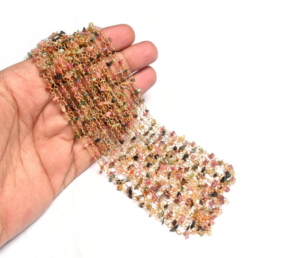 Beautiful Multi Tourmaline Uncut chips Chain, Natural Gemstone Uncut beads rosary chain Gold Plated wire Beaded Chain by Foot, Jewelry Craft