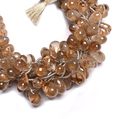 Fine Quality Copper Rutile Faceted Drop Shape Beads, Natural Rutile Quartz Teardrop Briolette Side Drill Gemstone Beads Jewelry Making Craft