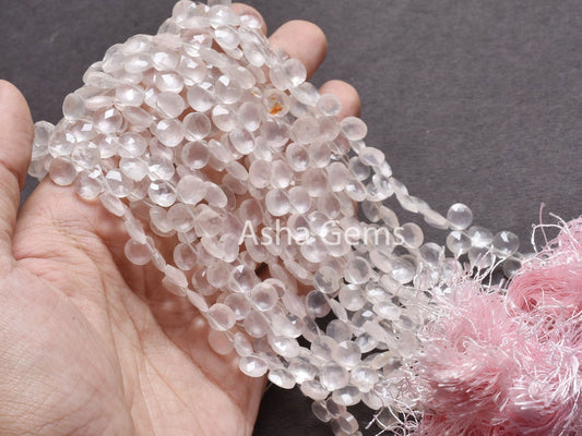 Natural Rose Quartz Heart Faceted Gemstone Beads, Fine Quality Pink Rose Quartz Heart Briolette Side Drill Beads,7" Rose Quartz Bead Jewelry