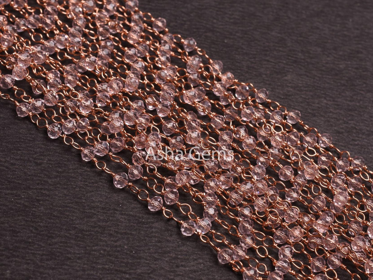 Beautiful Light Pink Quartz Hydro Faceted Rondelle Beads Rosary Chain Rose Gold Plated Copper Wire Wrap handmade Beaded Chain Jewelry Making