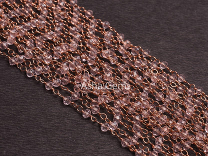 Beautiful Light Pink Quartz Hydro Faceted Rondelle Beads Rosary Chain Rose Gold Plated Copper Wire Wrap handmade Beaded Chain Jewelry Making