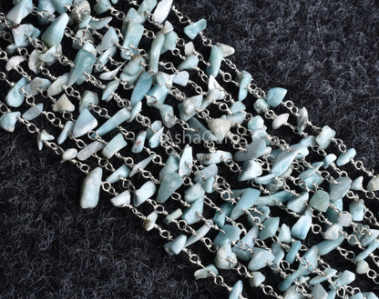 Rare Blue Larimar Beads Rosary Chain, Uncut Chip Chain Smooth Nugget Beaded Rosary Chain, Silver Chain Wire, Finding, Wholesale Rosary Chain