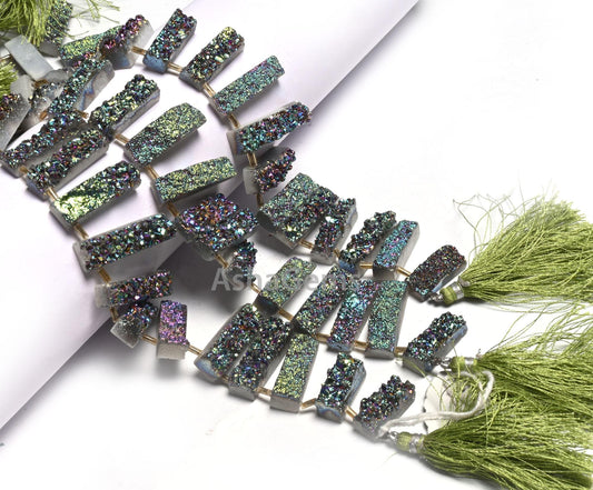Beautiful Green Mystic Coated Druzy Fancy Long Slice Beads, Druzy Beads,8" Green Coated Drusy Fancy 7 Shape Gemstone Bead Jewelry Craft SALE