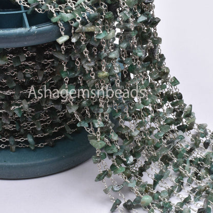 Natural Green Malachite Uncut Chip Beads Rosary Chain Silver, Gold Plated Wire Bulk roll chain Wholesale Beaded Rosary For Necklace Jewelry