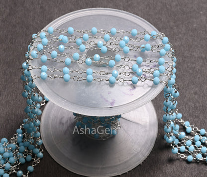 3,5,10,25 Ft, Blue Turquoise Hydro Faceted Rondelle Bead Rosary Chain Silver Plated Wire,Jewelry Making Finding,3-3.5 mm, Bulk Chain Rosary