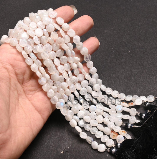Beautiful White Rainbow Moonstone Smooth Coin Gemstone Beads,8" Natural Flash rainbow Moonstone Uneven Flat Coin Handmade Bead Jewelry Craft