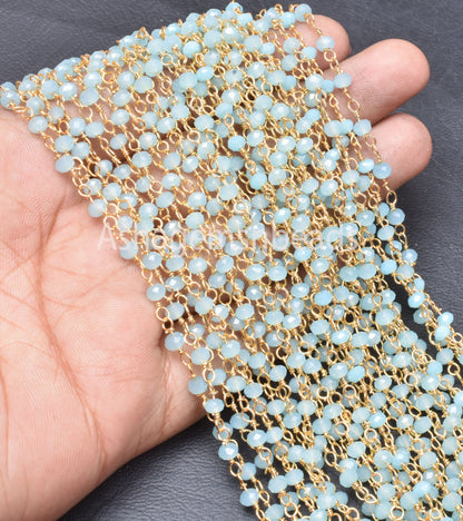 1,5,10,50 Feet Chain Blue Milky Aqua Chalcedony Hydro Faceted Rondelle Beads Rosary Chain Gold Plated Wire Bulk Roll Findings Beaded Chains