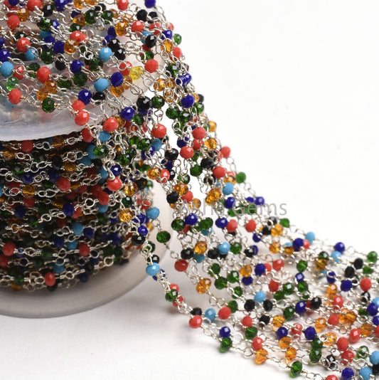 Multi Disco Hydro Beads Rosary Chain Silver Plated Wire Wrap Chain Roll,3mm Mix Color Beaded Faceted Rondelle Chain By Feet Jewelry Necklace