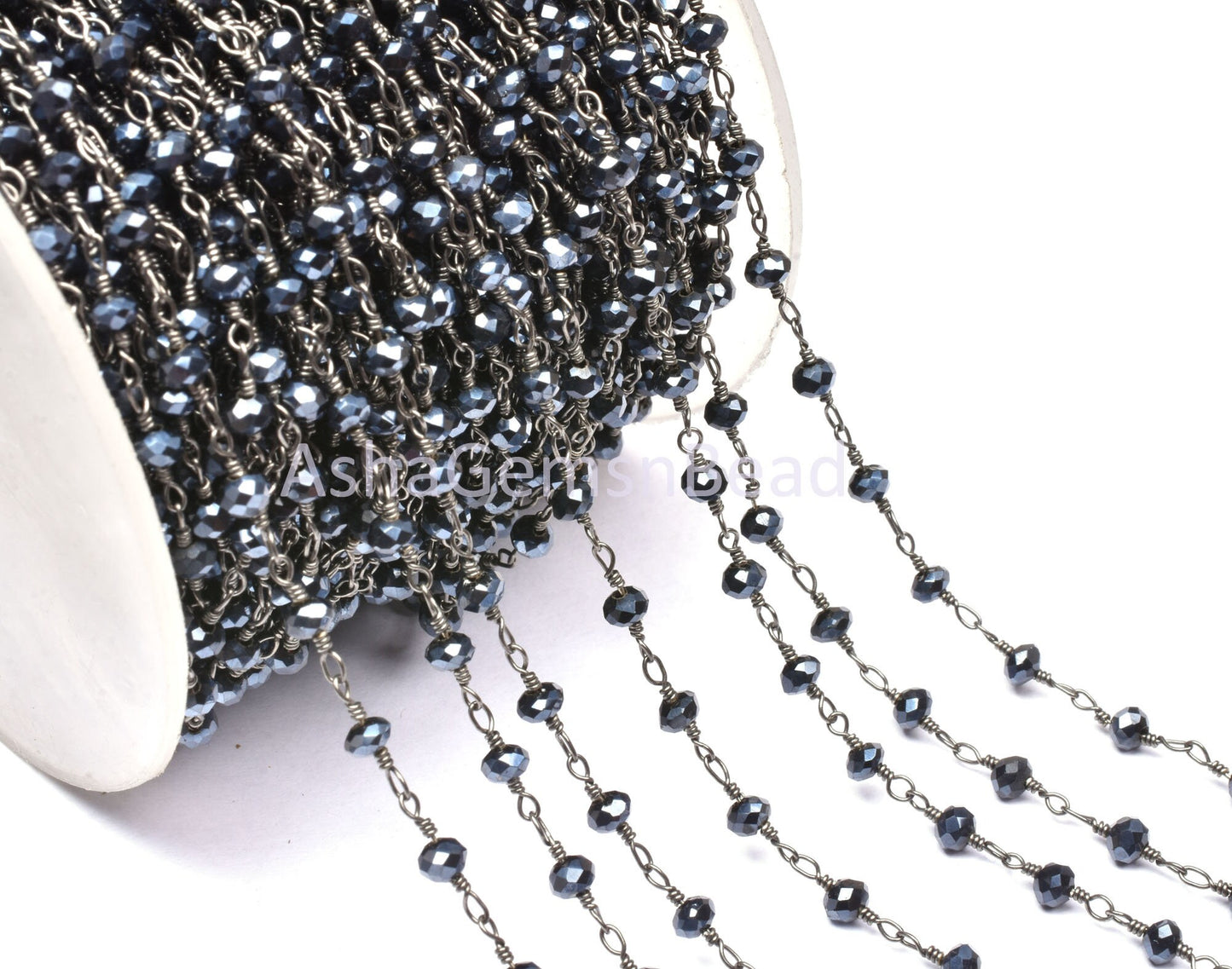 AAA Black Spinel Hydro Silver Coated Faceted Rondelle Beaded Rosary Chain Jewelry Making Finding, Black Plated Wire Wrap Handmade Chain Bead