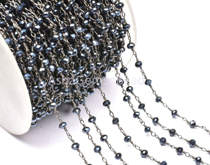 AAA Black Spinel Hydro Silver Coated Faceted Rondelle Beaded Rosary Chain Jewelry Making Finding, Black Plated Wire Wrap Handmade Chain Bead