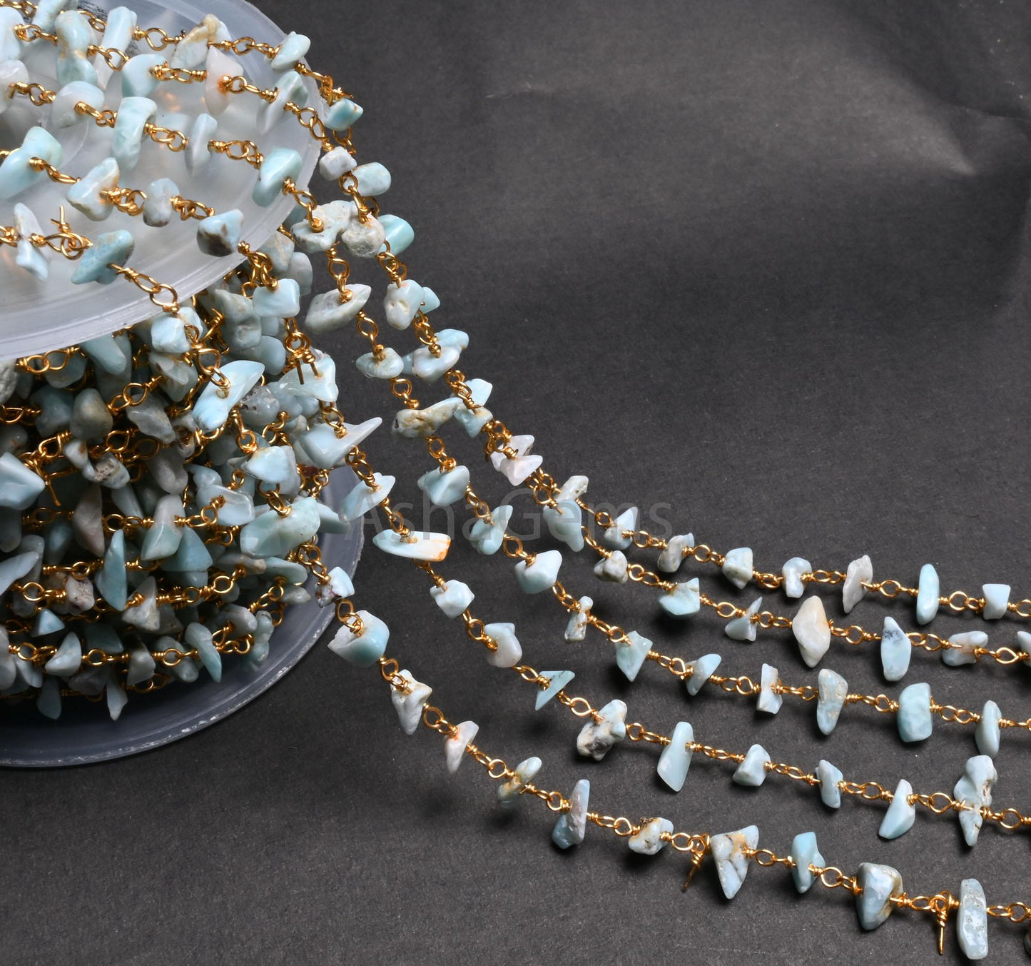 3,5,10,25,Ft Natural Blue Larimar Uncut Chip Beads Rosary Chain Gemstone Beads Chain,Smooth Nugget Beaded Chain,Gold Plated Wire,Finding,
