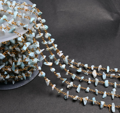3,5,10,25,Ft Natural Blue Larimar Uncut Chip Beads Rosary Chain Gemstone Beads Chain,Smooth Nugget Beaded Chain,Gold Plated Wire,Finding,
