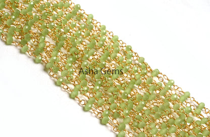 Beautiful Green Quartz Hydro Faceted Rondelle Beads Rosary Chain By Foot,3mm Gold Plated Wire Wrap Jewelry making Handmade Rosary Chain SALE