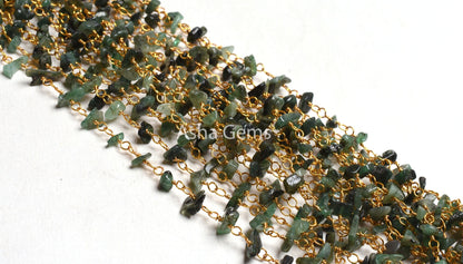 Natural Green Emerald Gemstone Uncut Chip Beads Rosary Chain Gold Plated Wire Wrap Emerald Beaded Uneven Nugget Chain Jewelry Necklace Craft