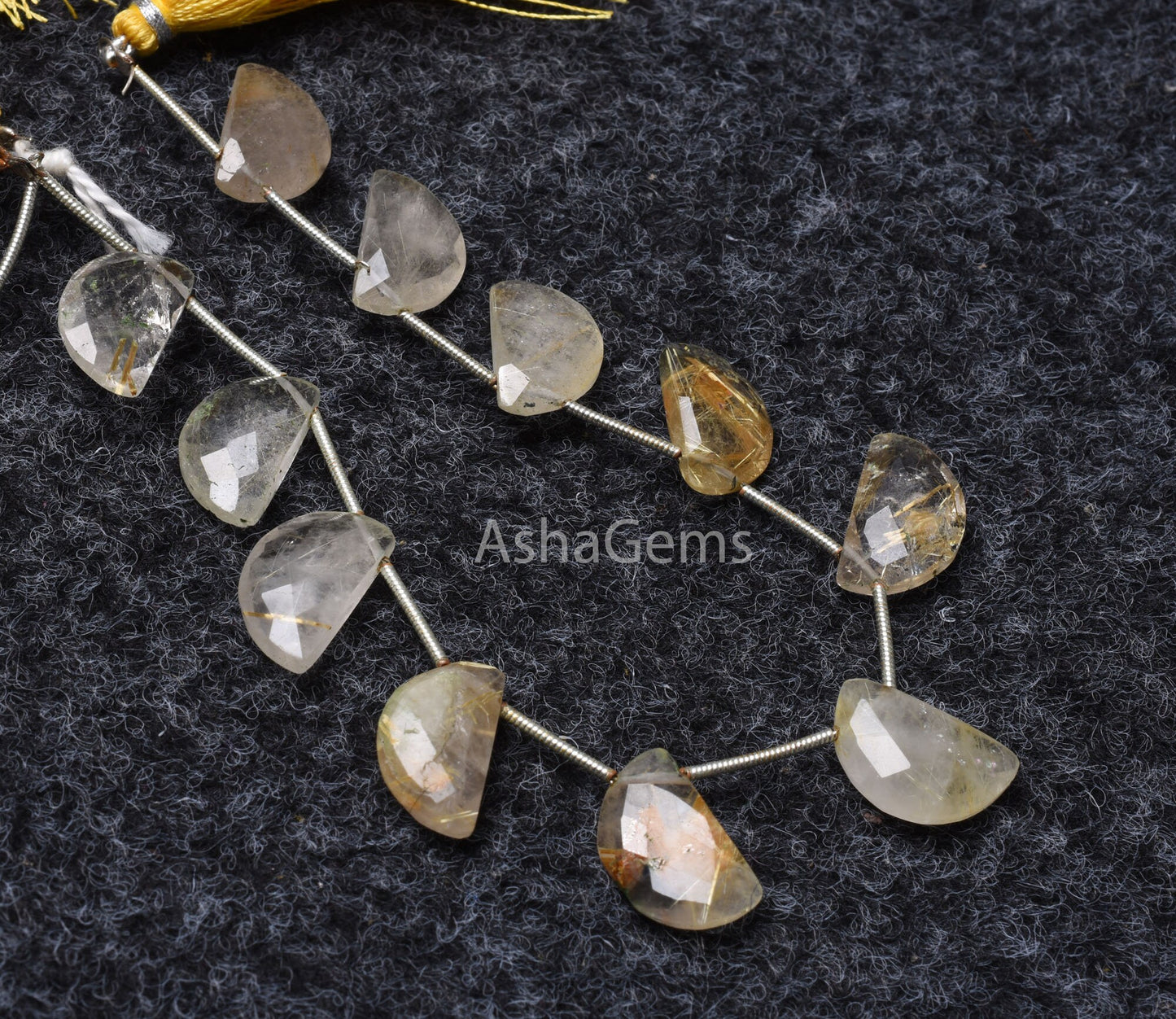 Natural Golden Rutile Fancy D Shape Faceted Gemstone Beads,7" Strand Rutile Half Moon Briolette Side Drill Beads, Golden Rutile Bead Jewelry