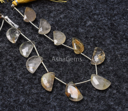 Natural Golden Rutile Fancy D Shape Faceted Gemstone Beads,7" Strand Rutile Half Moon Briolette Side Drill Beads, Golden Rutile Bead Jewelry