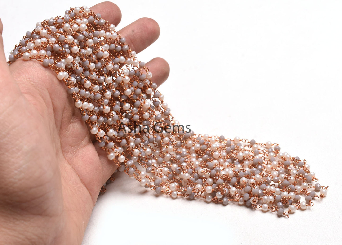 Rose Gold Plated White Pearl Grey Moonstone Hydro Beads Rosary Chain, Faceted Rondelle Beads Wire wrapped Bulk Rosary Chain, Jewelry Making