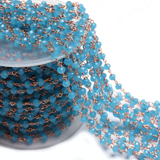 4mm Dark Blue Milky Chalcedony Hydro Faceted Rondelle Beads Rosary Chain Rose Gold Plated Copper Wire Wrap handmade Bead Chain Jewelry Craft