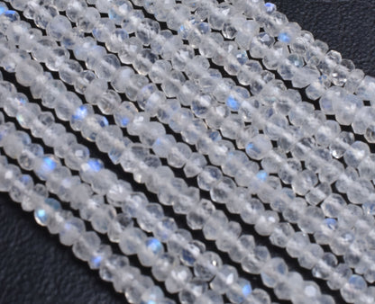 Natural Rainbow Moonstone Faceted Rondelle Shape Beads,13" Strand Blue Fire Rainbow Indian Machine Cut Beads, AAA White rainbow Bead Jewelry (AG-15179)