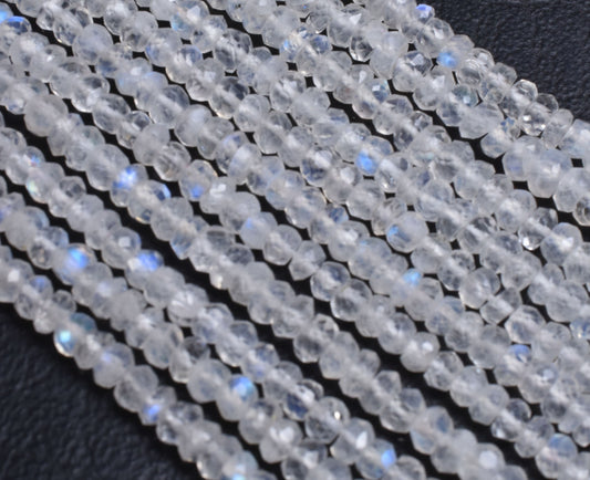 Natural Rainbow Moonstone Faceted Rondelle Shape Beads,13" Strand Blue Fire Rainbow Indian Machine Cut Beads, AAA White rainbow Bead Jewelry (AG-15179)