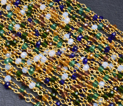Beautiful Multi Disco Hydro faceted Rondelle Bead Rosary Chain, Mix Color Bead Gold Plated Wire Wrap Rosary Chain By Feet Jewelry Craft SALE