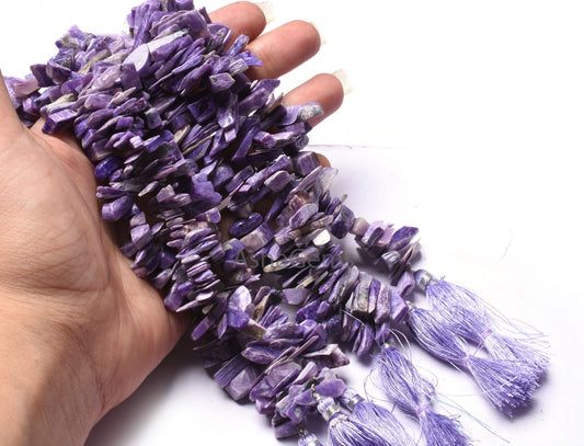 Natural Purple Charoite Raw Rough Slice Gemstone Beads,8.5" Strand Natural Charoite Uneven Free Size Long Chip Smooth Beads Charoite Jewelry