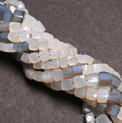 Fine Quality Shaded White Grey Chalcedony Faceted 3D Cube Box Gemstone Beads,8" Chalcedony Box Shape Indian Cut Chalcedony Bead Jewelry SALE