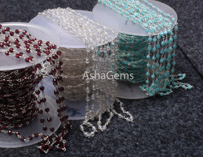 92.5 Silver Rosary chain Wire Wrapped Natural garnet Crystal Amazonite Faceted Beads Chain Real Silver gemstone Beaded rosary chains Jewelry