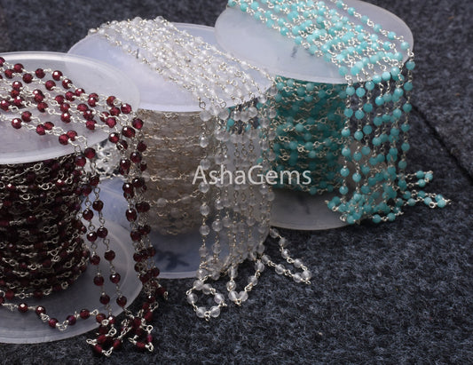 92.5 Silver Rosary chain Wire Wrapped Natural garnet Crystal Amazonite Faceted Beads Chain Real Silver gemstone Beaded rosary chains Jewelry