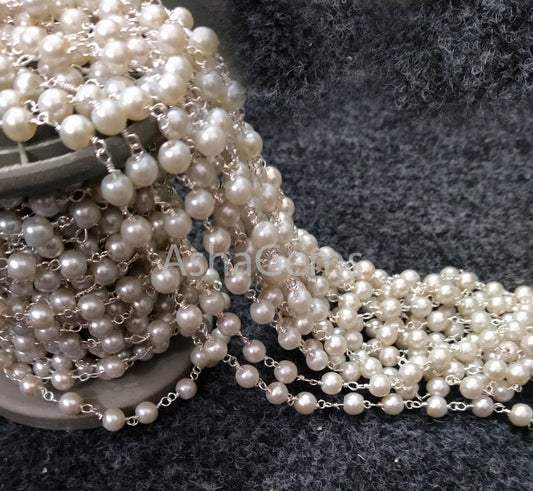 Beautiful Silver Plated Pearl 6 mm Smooth Rosary Chain,White Pearl Hydro Beads Rosary Chain Wire wrapped Bulk Rosary Chain Jewelry Making