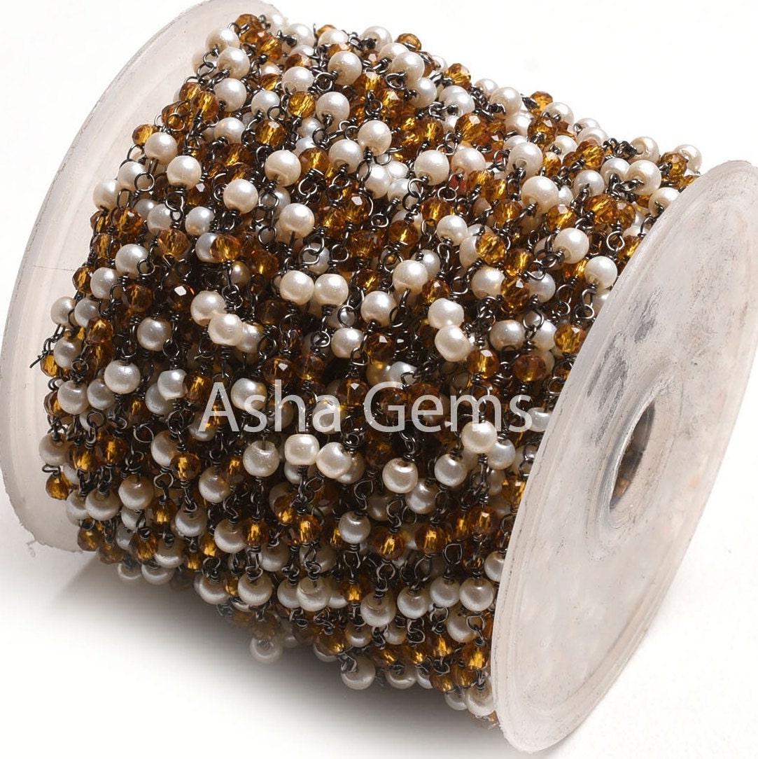 Beautiful White Pearl Brown Quartz Hydro Beads Rosary Chain, Black Plated Wire Wrapped Faceted Rondelle Bead Chain Roll Jewelry making Craft
