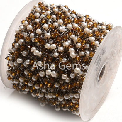 Beautiful White Pearl Brown Quartz Hydro Beads Rosary Chain, Black Plated Wire Wrapped Faceted Rondelle Bead Chain Roll Jewelry making Craft
