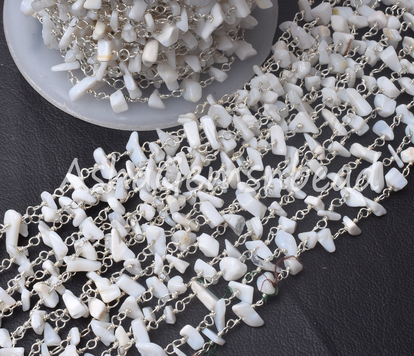 Natural White Opal Uncut Chip Beads Rosary Chain Silver Plated Wire Bulk roll Beaded Chain Gemstone Opal Smooth Nugget Chain Jewelry Crafts
