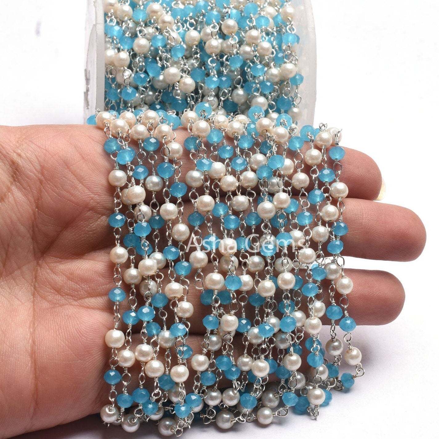 AAA Pearl Blue Chalcedony Hydro Faceted Rondelle Beads Chain Rosary Chain Silver Plated Wire Wrap Multi Color Beads Handmade Chains Jewelry