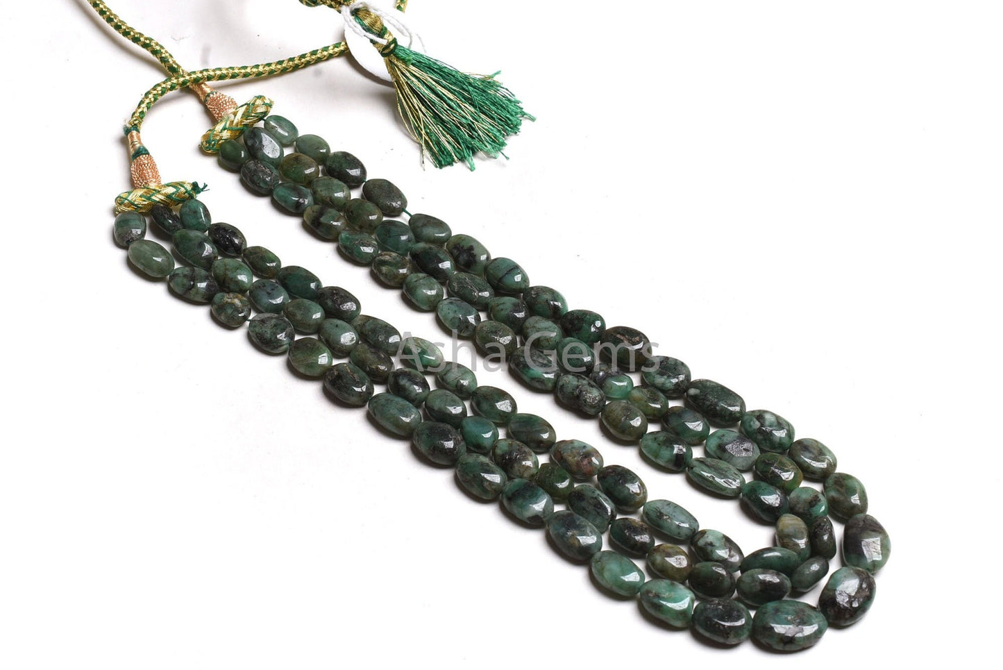 3 Strand Necklace Emerald Oval Smooth Beads, 7x10-12x17 mm Real Green Emerald Plain Handmade Uneven Oval Gemstone Bead Necklace Jewelry SALE