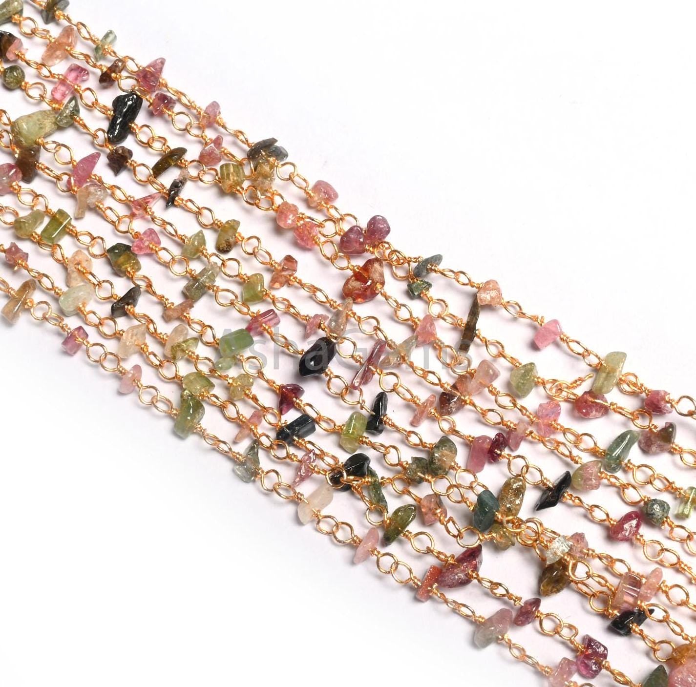 Beautiful Multi Tourmaline Uncut chips Chain, Natural Gemstone Uncut beads rosary chain Gold Plated wire Beaded Chain by Foot, Jewelry Craft