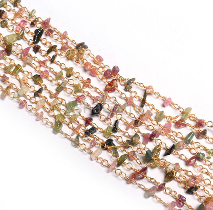 Beautiful Multi Tourmaline Uncut chips Chain, Natural Gemstone Uncut beads rosary chain Gold Plated wire Beaded Chain by Foot, Jewelry Craft