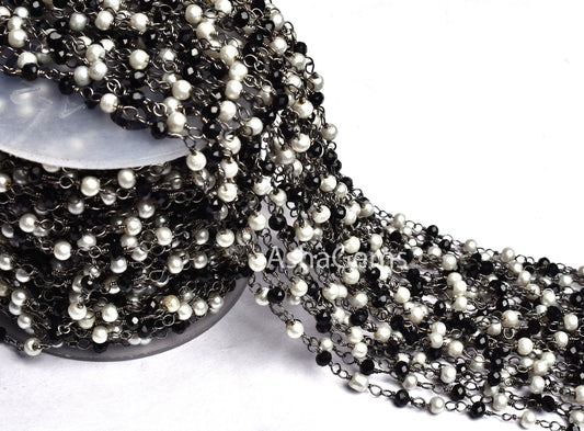 Beautiful Pearl Black Onyx Hydro Beads Rosary Chain,3 mm Black Plated Gunmetal Polish Beaded Rondelle handmade Chain Necklace Jewelry Making
