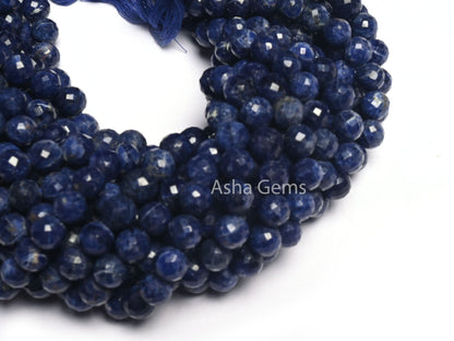 8mm Fine Blue Sodalite Faceted Round Shape Beads, Natural Blue Sodalite Indian Cut Round Ball Gemstone Beads, Sodalite Bead Jewelry Necklace